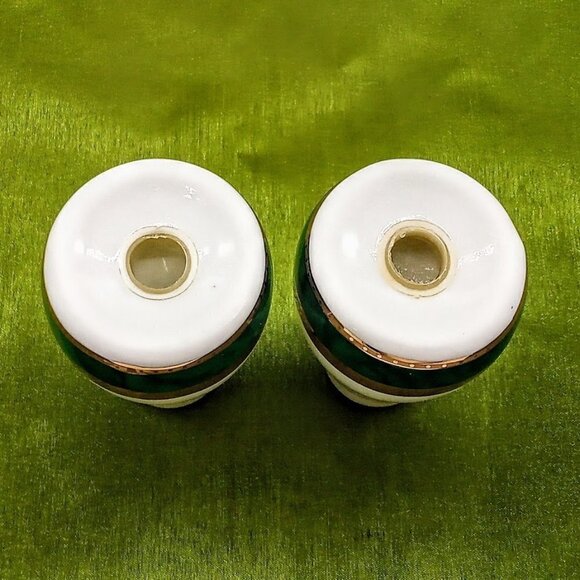 White Porcelain Green Gold Trim Salt & Pepper Shakers - Picture 5 of 6